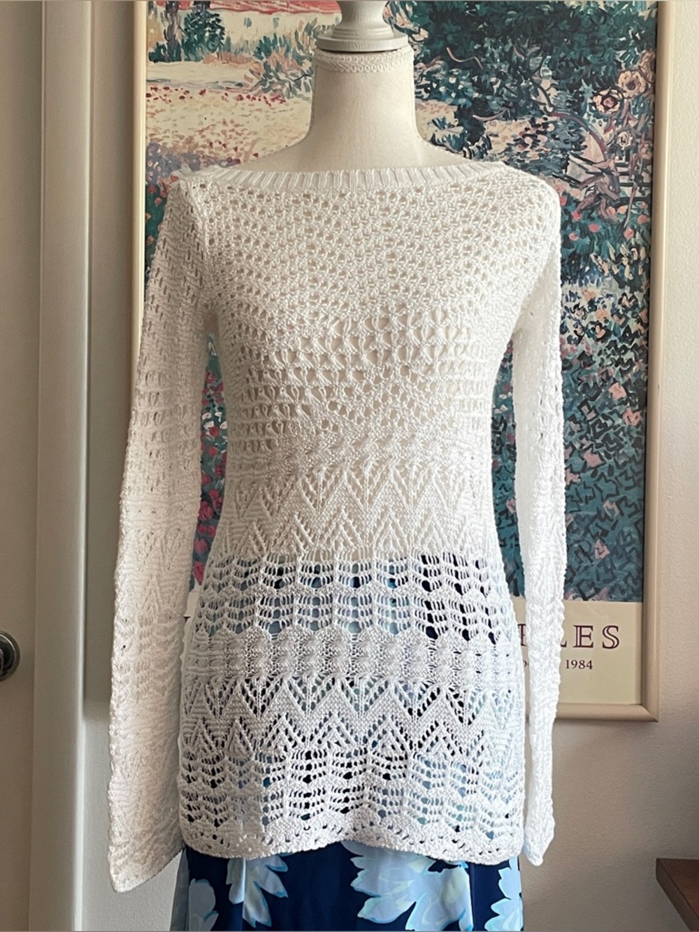 Caché White Crochet Open Knit Sweater Size XS Boatneck Boho Summer Cottagecore